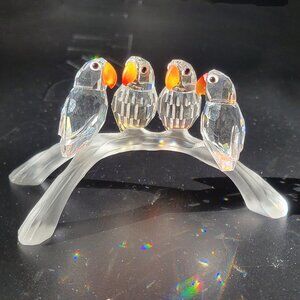 SWAROVSKI Crystal Baby Love Birds 4 Parrots Macaws on Branch # 199123 ~ EUC ~